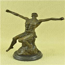 Nude Male Stretches Arms Bronze Sculpture on Marble Base Statue