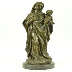 Mother Virgin Mary Bronze Sculpture on Marble Base Statue