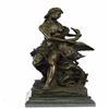 Image 1 : Nude Woman Swan Bronze Statue on Marble Base Sculpture