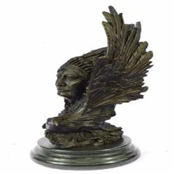 Native American With Eagle Bronze Statue on Marble Base Sculpture