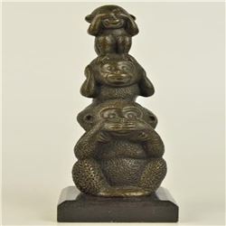 Three wise Monkey Bronze Sculpture on Marble Base Figurine