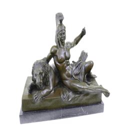 Roman Warrior Laying next to Lion Bronze Sculpture
