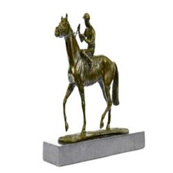 Jockey With Horse Bronze Sculpture on Marble Base Statue
