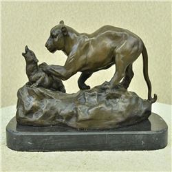 Jaguar attacks Cub Bronze Statue on Marble Base Sculpture