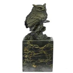 Bronze Bird Owl Sculpture on Marble Base Statue