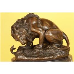 Lion With Snake Bronze Sculpture on Marble Base
