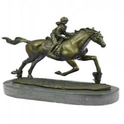 Art Deco Western Art Girl Jockey Racing Horse Bronze Sculpture