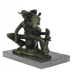 Cowboy Sitting on Barrel Drinking Whisky Bronze Sculpture