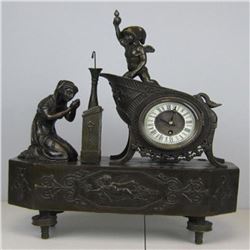 French Mantle Clock of Maiden and Cupid Bronze Sculpture