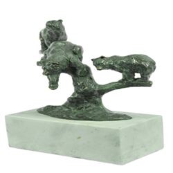 Grizzle Bear Family on a Tree Stub Bronze Sculpture