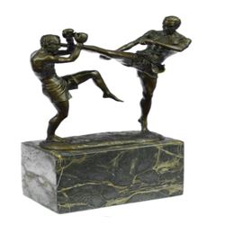 Kick Boxers Bronze Sculpture on Marble Base Figurine