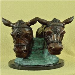 Two Horses Head Bust Bronze Sculpture on Marble Base Figurine