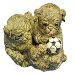 Two Sitting Puppies Dogs Bronze Sculpture