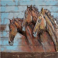 3D Three Running Horses Oil Painting Metal and Pine Wood Canvas Wall Mount