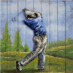 3D Golfer Oil Painting Wall Decor Metal And Wood Canvas Decoration