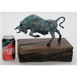Gorgeous Special Patina Stock Market Bull on Natural Wooden Base Bronze Sculpture