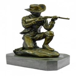 Cowboy With Gun Bullet Rifle Shooting Range Bronze Sculpture