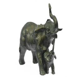 Elephant with Baby Wildlife Bronze Sculpture on Marble Base Statue