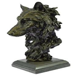 Wolf Head Bust Wild Life Figurine Marble Base Bronze Statue