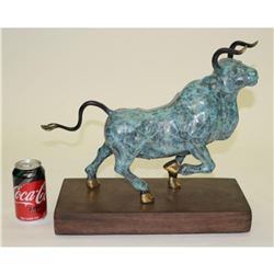 Green Patina Male Bull Bronze Sculpture on Wood Base Figurine