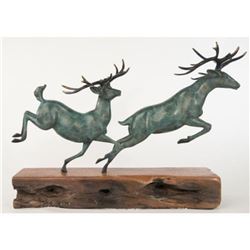 Two Running Stag Reindeer Bronze Statue