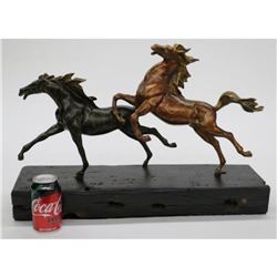 Two Racing Horses Stallion on Natural Wood Bronze Sculpture