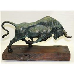 Special Patina Stock Market Bull With Natural Wood Base Bronze Sculpture