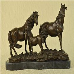 Horse Family Bronze Sculpture on Marble Base Figurine