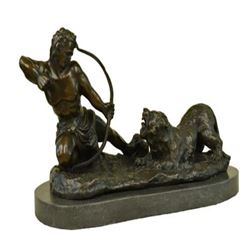 Man With Bow and Arrow Striking Lion Bronze Sculpture