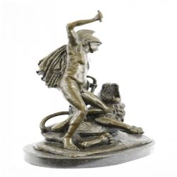 Roman Warrior Attacks savage Beast Lion Bronze Sculpture