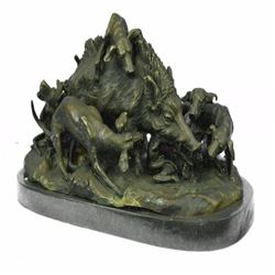 Wild Boar Bronze Sculpture on Marble Base Figurine