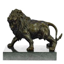 Angry Hungry Male Lion on Marble Base Bronze Sculpture