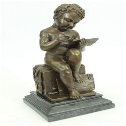 Nude Young Boy Reading Book Bronze Figurine