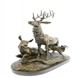 Deer Fawn Stag Buck Family Bronze Sculpture on Marble Base Figurine