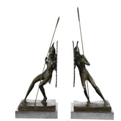 Pair Two Japanese Warrior with Shield Bronze Sculpture