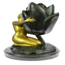 Gilt Nude Nymph holding Tulip Candle Holder Bronze Sculpture