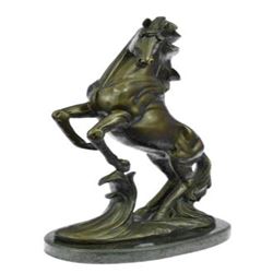 Excited Rearing Horse Bronze on Marble Sculpture