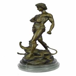 Nude Male Killing Lion Bronze Sculpture