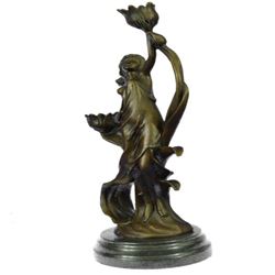 Sexy Nymph with Tulip Candle Holder Bronze Sculpture