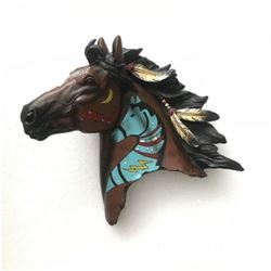 Wall Mount Indian Horse with Feather Cold Cast Bronze Sculpture