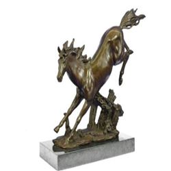 Agile Wild Stallion Horse Race Bronze Sculpture on Marble Base Figurine