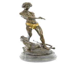 Gold Patina Young Tarzan Killing Leopard Bronze Sculpture