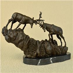 Two Antler Deer Stags Bronze Sculpture on Marble Base Figurine