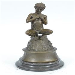 Nude Boy Fish Sculpture on Marble Base Statue