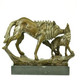 Wolf protecting her cub Bronze Sculpture on Marble Base Statue