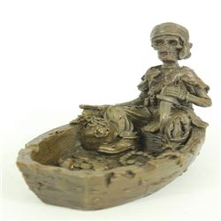 Nude Lady Skeletal Figural on Boat Bronze Ashtray Sculpture