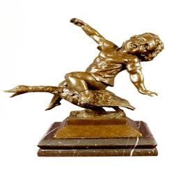 Young Girl Riding a Goose Bronze Sculpture on Marble Base Figurine