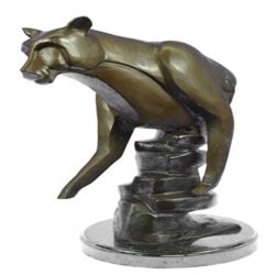 Cougar Female Lion Bronze Sculpture on Marble Base Statue