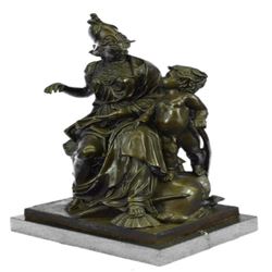 Roman Warrior With Child Bronze Sculpture on Marble Base Figurine