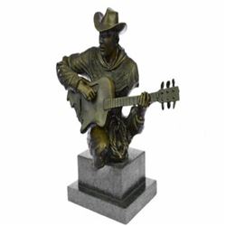 Guitar Player Bronze Figurine on Marble Base Statue